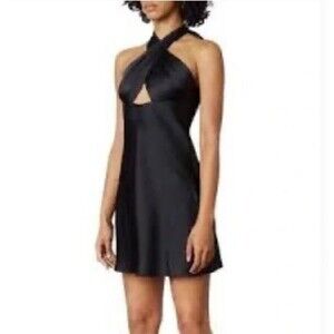 Revolve NIA Satin Cross Halter Dress - Black - Small